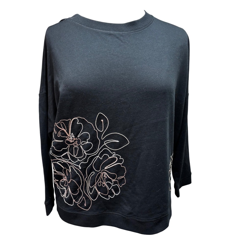 J JIll Black Floral Embroidered Crew Neck Sweatshirt Pullover Relaxed Fit #987‎
